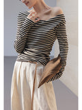 Design-Sense Striped Long-Sleeved Sleeve-Shouldered T-Shirt For Women's New Irregular Blouse In Early Fall 2025