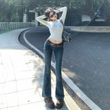 YC&Retro Low-Rise Elastic Repair Slim Thin With Micro-Horn Jeans Women & Trousers Lengthened Low-Waisted Rich Span
