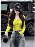 New Autumn Sweet Babes Half-Open Fashion Long-Sleeved T-Shirt Girl Slim Thin Bottom Shirt Short Top