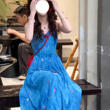 French Blue Sling Dress Woman 2025 Summer New Seaside Vacation Unique Beautiful Floral Long Dress