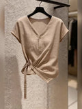 2026 Spring And Summer New Temperament Women's Commuting Style V Collar Short Sleeves To Close The Waist Shirt Is Thin And Design Blouse