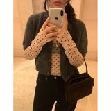 Spring And Summer South Korea In The Wind With Wave Dot Round Dot Mesh Round Neck Long Sleeves T-Shirt Top 2 Color