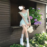 Dopamine Mint Green Flower Dress Women's Summer Gentle Wind Leaster Stitching Small Flying Sleeves To The Waist-Ponded Skirt