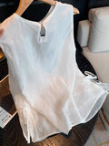 White Embroidery Linen Spliced Sleeveless Top Dress New Design Temperament Loose Thin Outer Wear Vest