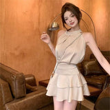 Summer Thousands Of Gold Sense Court Style Temperament Pure Desire Blouse Leaf Side Half Dress Two Suit Dress Woman