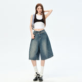 3016 Retro-Blue Retro Five-Point Trousers Shorts Men's Summer Loose Broad Leg Pants Spandex