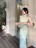 New Chinese Style Breeze Breeze Cold Green Improved Cheongsam Sexy Style Thousands Of Beautiful Hanging Neck Dress Women Summer