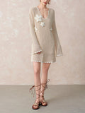 French Hollow U Tie Lace Crochet Crochet Flower Long-Sleeved Dress