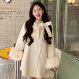 Milk Cover Gold French Retro Bow Cape Coat Female White Plus Thick Coat Winter Cloak Bow