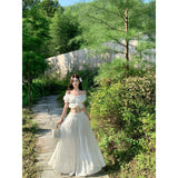 One-Word Shoulder French Lotus Side Top Women's Summer New Gentle Suit High Waist Hanging White Skirt Dress