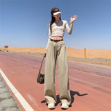 Korean Version Of Blue Denim Broad-Legged Trousers Women High-Waist Loose Thin Folds Design Straight Tug Trousers