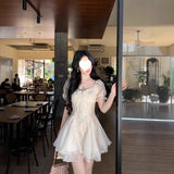 Blovelan White Tea And Wind Pure White Moonlight Temperament Scissor Fluffy Mesh Splicing Dress Princess Dress
