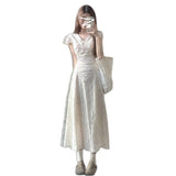 French Gentle Style Long Dress Temperament V Collar Short Sleeves Broken Flower Dress 2025 Summer Waist Apparent White Dress