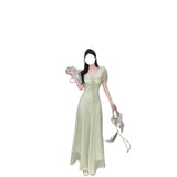 Summer Gentle Lotus Leaf Side V-Neck Bubble Sleeve Dress Large-Size Fat Mm Temperament With Lumbar Texture Long Dress