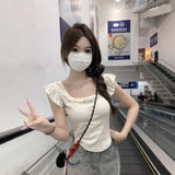 5051 #Summer Cotton Small Fresh Square Wooden Ear To Reduce The Age Of Small Flying Sleeve Bow Design Short-Sleeved T-Shirt