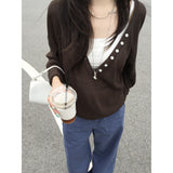 Design Sense Big V Collar Button Loose Feeling Long-Sleeved Knitted Shirt Women Early Autumn New Loose Folding On The Head