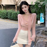 2025 Autumn And Winter New Pure Lusty Temperament Shoulder-To-Shoulder Ribbon Design Design Design Of The Long-Sleeved Top Woman