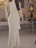 Herman Curved Temperament Wool V-Neck Knitting Body Bottom Dress Women Autumn
