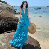 2026 New Sexy Seaside Resort Wind Deep Hanging Neck Dress Bare Back Strap Cake Super Fairy Long Dress Super Fairy