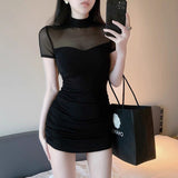 Spice Girl Sexy Mesh Splicing Bag With Ass Short Sleeves To Close Waist Dress Girl Summer Little Man Temperament Is Beautiful Thin Dress