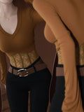Design Lace Splicing With Long-Sleeved T-Shirt Top Autumn And Winter Unique Hot Girl Curry V Collar Shoulder-Bottomed Shirt Woman