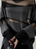 Korean Black Mesh Splicing Hollow Knitted Shirt Women Spring And Autumn Special Design Feeling Lazy Wind Loose Top