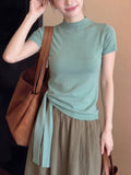 Korean Mint Green Tie Knitted Short-Sleeved T-Shirt Women's Summer High Sense Unique Beautiful Big Look Top