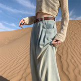 Korean Version Of Blue Denim Broad-Legged Trousers Women High-Waist Loose Thin Folds Design Straight Tug Trousers
