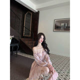 Pure-Style Pink Shoulder Chiffon Dress Autumn New French Temperament Short-Waist Lace Lantern Sleeve Skirt