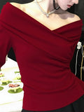 French Sweet Hottie Red Shoulder V Collar Bottom Shirt Women With Long-Sleeved T-Shirt Beautiful Blouse Autumn And Winter