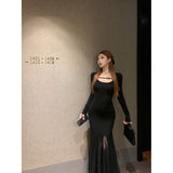 Black Fishtail Dress Woman Autumn Slimming Thin Ass Dress French Niche Design Beautiful Mesh Dress