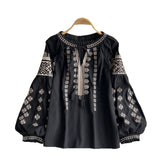 Vintage Embroidery Skin Breathable National Style Shirt Women Long Sleeves Loose Thin Tamples With Lantern Sleeve Commuter Top
