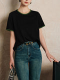 Clamming Lace Embroidery Round Collar Shoulder Short-Sleeved T-Shirt Topess Women 2025 Summer