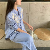 Linen Platt Embroidered Retro Blue And White Shirt / High-Waisted Straight-Legged Trousers Girl Summer Old Money Set Women's Clothing