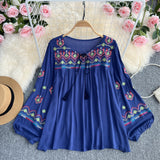 Spring Dress 2025 Holiday National Style Retro Heavy Industry Embroidery Flowers Ocean Gas Lantern Sleeve Loose Blouse Tide