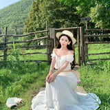 One-Word Shoulder French Lotus Side Top Women's Summer New Gentle Suit High Waist Hanging White Skirt Dress