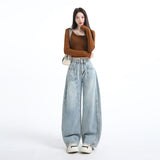 1101# Light Blue Embroidered Broad-Legged Jeans Women's New High-Rise Straight-Barreed Loose Drag Trousers