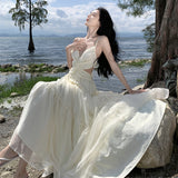 2025 French Heavy Industry Dress Swizzling Pure-Color Butterfly Sling Dress Two-Color Female Sanya Holiday Dress
