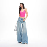 26 Years Of Spring And Summer New Light Green Retro Washing Mid-Rise Tug Loose Hole Denim Drag Jeans Woman