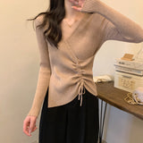 Autumn And Winter V-Neck Knitted Bottom Shirt Women Take Autumn And Winter French Waist Irregular Sweater Long-Sleeved Knitted Shirt Top