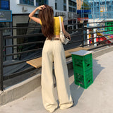 2026 Vintage Jeans Women's Design Sense Of Splicing Rice White Loose Broad-Legged Straight Trousers