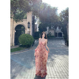 French Rose-Print Temperament Tie-Dye-Smeared Corset Dress Women Pure Desire To Cultivate The Holiday Wind Fishtail Long Skirt