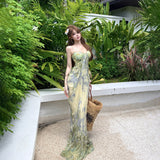 Seaside Vacation Pure Green Crumb Print Sling Bosom Long Dress Beautiful Island Out Of The Beach Dress Woman