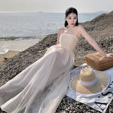 Diamond Chiffon + Ribut + Retro Sling Dress Summer Court Temperament Daily Can Wear Light Luxury Mesh Dress Woman