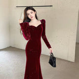 Large-Size Women's French Style Hepburn Silk Velvet Fishtail Skirt Autumn And Winter Fat Mm Thin Inside Dress