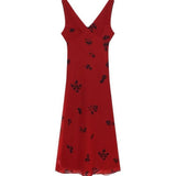Vintage Temperament Red Sling Dress Female Summer V-Necked Printed Skirt Body Pocketed Fishtail Long Dress