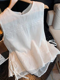 White Embroidery Linen Spliced Sleeveless Top Dress New Design Temperament Loose Thin Outer Wear Vest