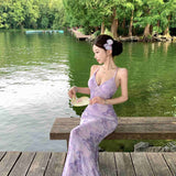 Sexy Pure Ambience Feel Back Purple Dress Slimy Tossed Fishtails Holiday Dress