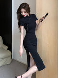 Chinese Retro Buckle Improved Cheongsam Skirt Female High-Grade Black Dress Summer Waist Open Fork And Hip Dress