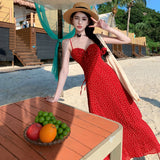 2025 New Retro Pure Red Strap Slings Broken Flower Dress Women's Waist Thin Temperament Dress